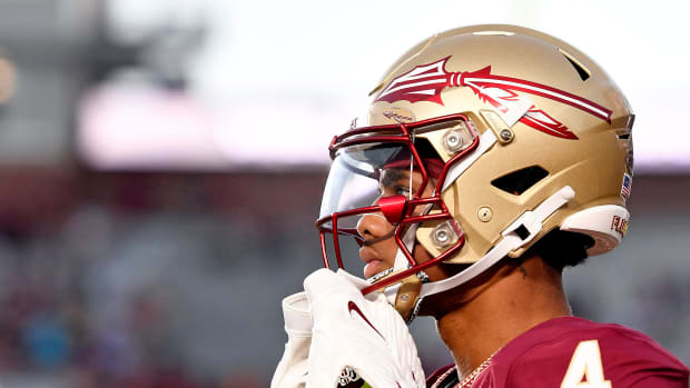 Sep 9, 2023; Tallahassee, Florida, USA; Florida State Seminoles wide receiver Keon Coleman (4) warms up prior to the start of Southern Miss Golden Eagles at Doak S. Campbell Stadium. Mandatory Credit: Melina Myers-USA TODAY Sports
